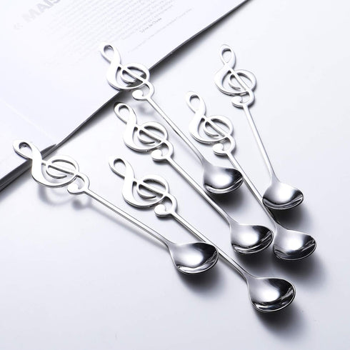 Music Note Spoons 6-Pack Creative Cute Teaspoons 18/10 Stainless Steel Staff Musical Notation Shaped Coffee Spoons by IRONX (silver-music note)...
