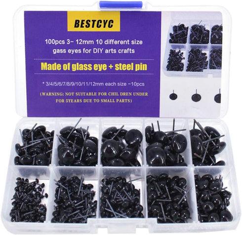 BESTCYC 1Box(100pcs) 3-12mm 10 Different Size Mini Black Glass Eyes Needle Felting Bears Dolls Toy Teddy Puppets Decoys Sewing Arts Crafts Eyes Ki...