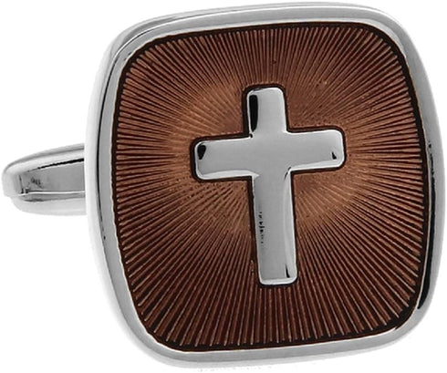 Cross Square Brown Christian Pair Cufflinks in a Presentation Gift Box & Polishing Cloth...
