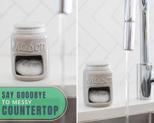 Comfify Ceramic Kitchen Sponge Holder - Farmhouse Style Sink Caddy - Mason Jar Decorative Kitchen Accessory - Country Rustic Sink Decor - Includes...