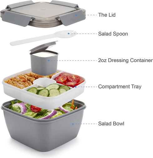 Freshmage Salad Lunch Container To Go, 52-oz Salad Bowls with 3 Compartments, Salad Dressings Container for Salad Toppings, Snacks, Men, Women (Gr...