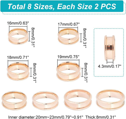 UNICRAFTALE 16pcs Rose Gold Blank Core Ring 8 Sizes Stainless Steel Finger Ring for Inlay Round Grooved Empty Ring Blanks with Velvet Pouches for ...