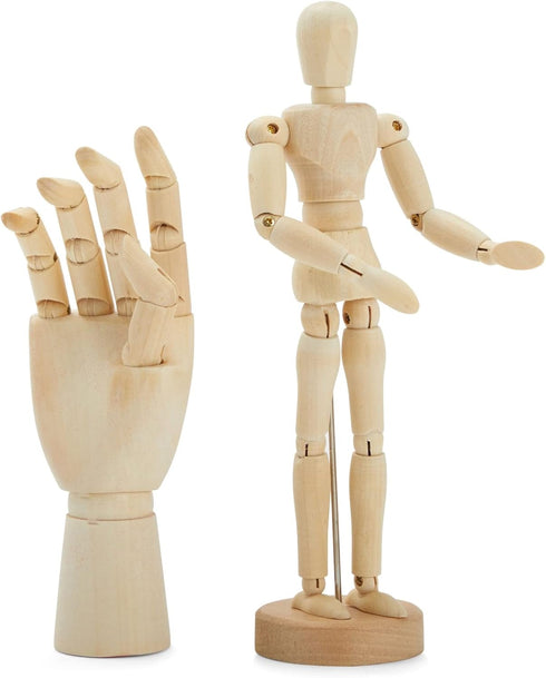 7" Wooden Hand Model and 8" Posable Wooden Mannequin Figure for Drawing, Adjustable Art Supplies (2-Piece)...