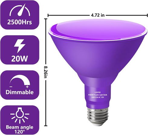 PAR38 Flood Purple Light Bulb,2 Pack-Dimmable,E26 Base Purple Flood Light Outoor(20W Replace to 200W),Purple Light Bulb for Outside,Purple Decor,C...