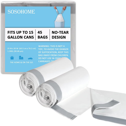 15 Gallon Tall Kitchen Trash Bags Drawstring - 1.2 Mil Thick White Garbage Bag for Office Kitchen, 45 Count...