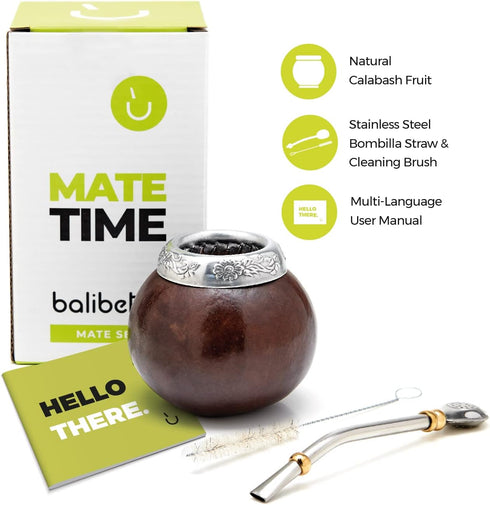 BALIBETOV Yerba Mate Gourd Set (Original Natural Handmade Yerba Mate Cup Argentina) - Includes Mate Tea Cup, Bombilla (Mate Straw) and Clean Brush...