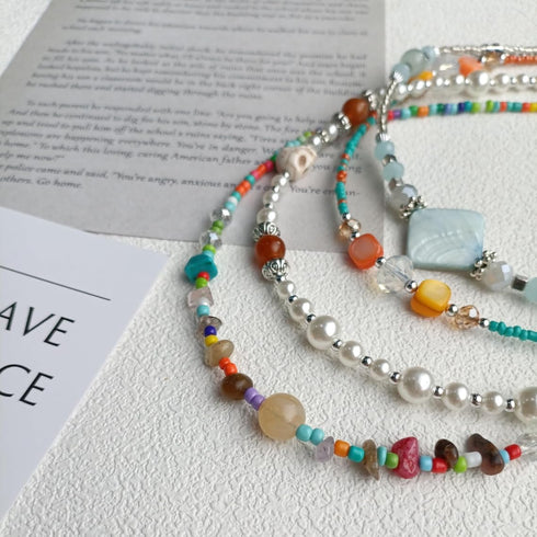 Beaded Necklace for Women, Colorful Gemstone Choker Necklaces Boho Cute Necklace Handmade Crystal Summer Beach Jewelry for Teen Girls...