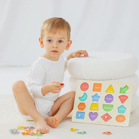 GRINNNIE Toddler Shape Puzzle for 1 2 3 Years Old Boys and Girls, Montessori Wooden Learning Toys Shape Sorting Peg Puzzle for Toddlers 1-3, Gifts...