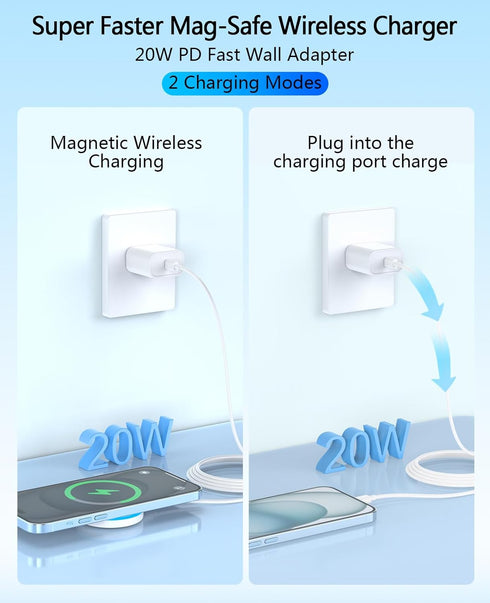 Magnetic Wireless Charger, 20W Power Adapter with Wireless Mag-Safe Charging Pad and 6 FT USB-C to C Cable for iPhone 15 14 13 12 Series/AirPods 3...