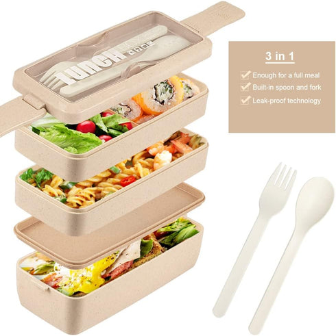 Iteryn Bento Box Lunch Box, 3-In-1 Compartment Lunch Containers - Wheat Straw, Leakproof Stackable Bento Lunch Box Meal Prep...