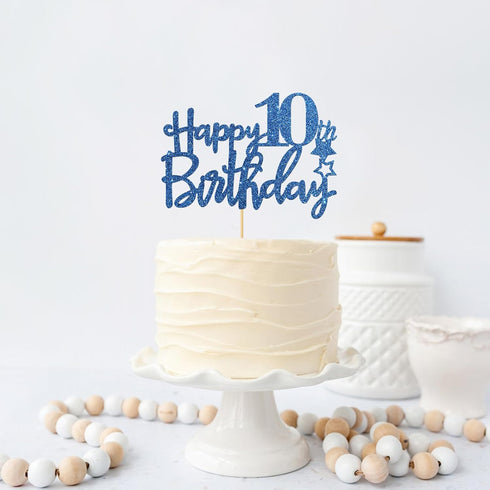 Royal Blue Glitter Happy 10th Birthday Cake Topper - 10 Sign Cake Topper - Cheers to 10 Years Party Supplies - 10th Birthday Party Decorations...