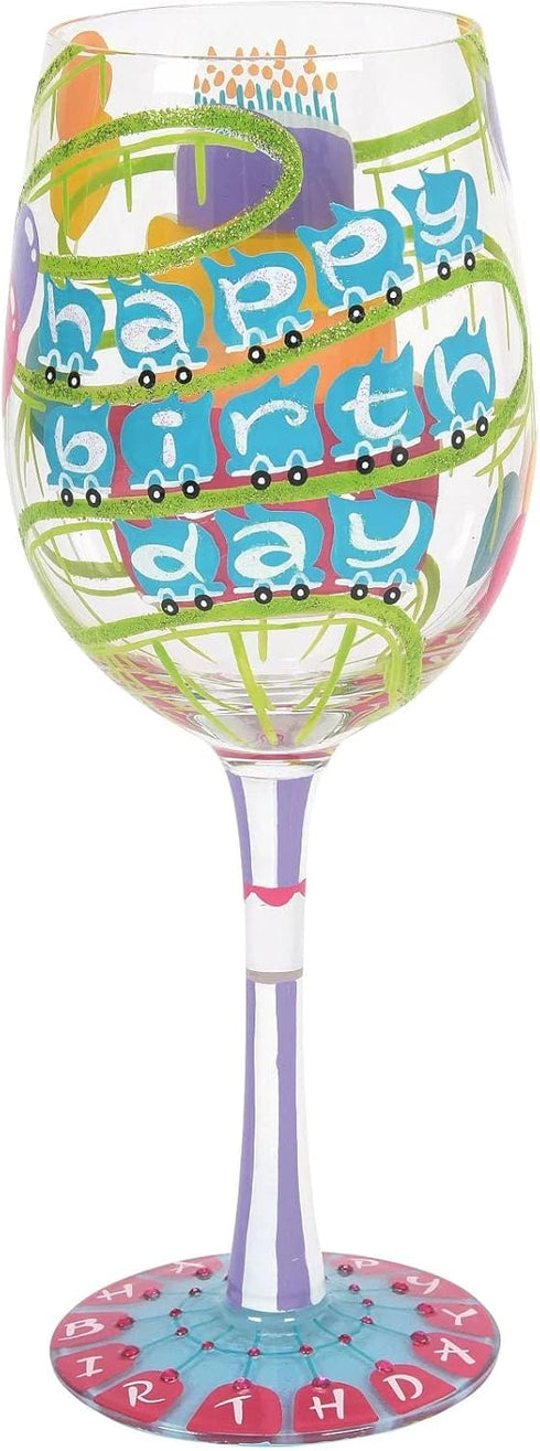 Enesco Designs by Lolita Happy Birthday Roller Coaster Hand-Painted Artisan Wine Glass, 1 Count (Pack of 1), Multicolor...