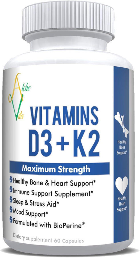 AlcheVita Vitamins D3 (5000 IU) + K2 (mk7) + Calcium (210mg)- Maximum Strength Complex (3-in-1 Formula) - 60 Capsules | Supports Healthy Bones, He...