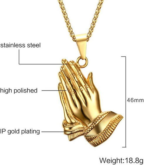 Stainless Steel Praying Hands Pendant Necklace,Gold,Free Chain 24"...