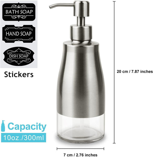 Dish Soap Dispenser with Stickers, Brushed Nickel Stainless Steel and Glass Combined, Refillable Liquid Hand Soap Dispenser for Bathroom & Kitchen...