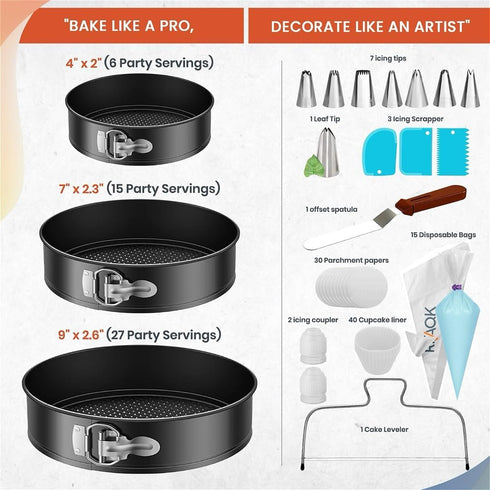 RFAQK 100pcs Cake Pan Sets for Baking + Cake Decorating Supplies: 3 Non-Stick Springform Pans Set (4, 7, 9 inches), Icing Tips, Cake Leveler – Mul...
