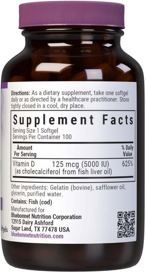 Bluebonnet Nutrition Vitamin D3 5000 IU Softgels, Aids in Muscle and Skeletal Growth, Cholecalciferol from Fish Oil, Non GMO, Gluten, Soy & Dairy ...