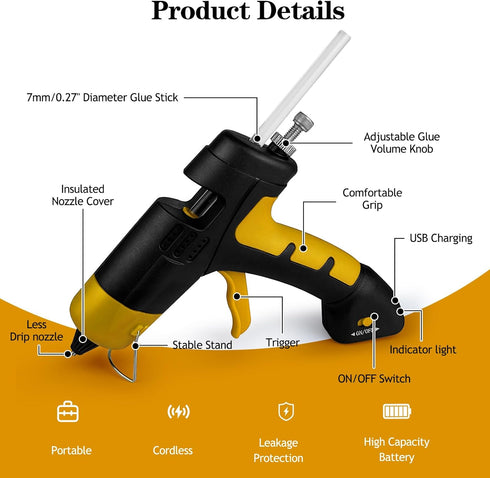 Cordless hot glue gun Kit with 10 Glue Sticks, High Temp for School Crafts DIY Arts and Quick Home Repairs (Cordless Yellow)...