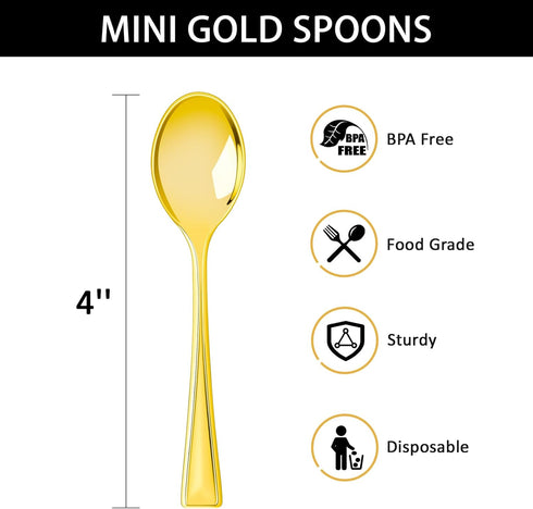Qeirudu 4 Inch Gold Plastic Mini Spoons, 100 Pack Disposable Tasting Spoons Heavy Duty Small Dessert Spoons for Party Dessert Shooters, Food Sampl...