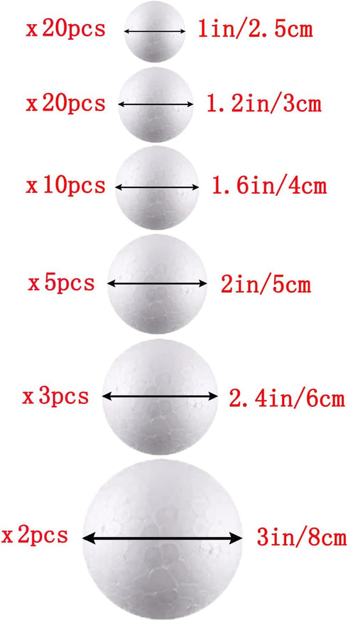 hesmartly 60 Pack Craft Foam Balls,White Polystyrene Smooth Round Balls, 6 Sizes Foam Balls and 2 Pieces Painting Brushes for DIY Projects Arts an...