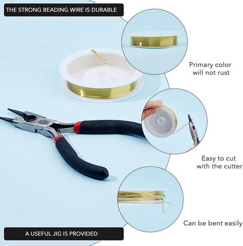 DICOSMETIC Jewelry Wire Shaping Jig Kit Pink Plastic Plate with Alloy Sticks 1P Steel Cutting Pliers and Golden Jewelry Beading Copper Wire for Je...