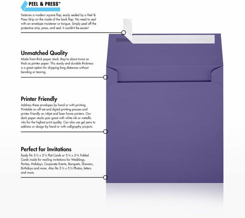 LUXPaper Square Invitation Envelopes | Peel & Press | 6" x 6" | Wisteria Purple | 80lb. Text | 50 Qty...