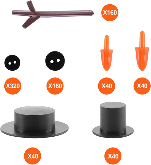 800pcs Christmas Snowman DIY Craft Kit Including 80 Mini Black Top Hats, 80 Carrot Snowman Noses, 160 Snowman Hands, 480 Tiny Black Buttons for Ch...