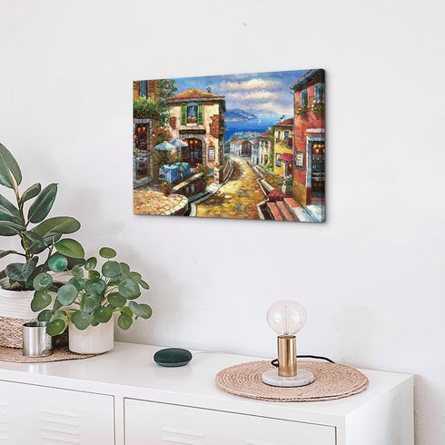 Italian Cityscape Abstract Wall Art Artwork: Mediterranean City Italy Street Towns Picture Painting on Canvas for Paris Cafe Room(12X16)...