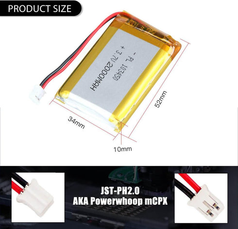 3.7V 2000mAh Battery 103450 Lithium Polymer Ion Rechargeable Li-ion Li-Po Battery with 2P PH 2.0mm Pitch Connector...