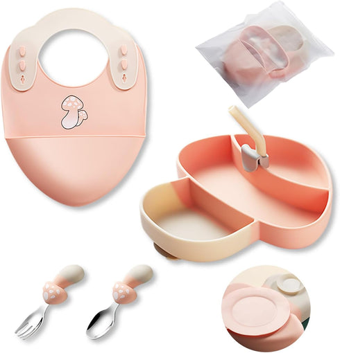Silicone Suction Plate for Baby, Bibs, Spoon, Fork, Baby Eating Essentials, Toddler plate and Utensils Set(Silicone Baby Feeding Set - Mushroom - ...