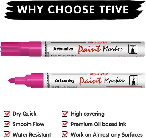 Pink Paint Pens Permanent Markers - 2 Pack Paint Markers for Metal, Rubber,Wood, Rocks, Canvas, Plastic, Dark Surface, Craft Art Supplies, Medium ...