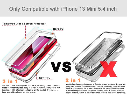 COOLQO Compatible for iPhone 13 Mini Case with Tempered Glass Screen Protector, Hard PC and Soft TPU, Military Grade Protection, Shockproof Protec...