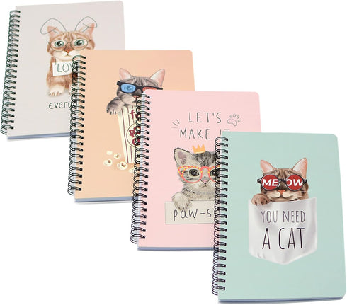 Yansanido Spiral Notebook, 4 Pcs A5 Thick Cat Design Hardcover 8mm Ruled 4 Color 80 Sheets -160 Pages Journals for Study and Notes (Cat)...