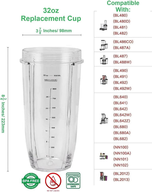 Blendin Replacement Cup Jar, Compatible with Nutri Ninja Auto-iQ 1000W and Duo Blenders (32 Ounce Cup)...