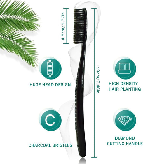 Large Long Head Toothbrush, 4-Pack, Upgraded Hard & Firm Charcoal Bristles, Whitening Teeth, Removing Plaque, Brace, Cigarette, Coffee and Other S...