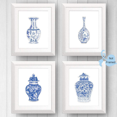 Chinoiserie Wall Art Print-- Bedroom or Study Decor -- Chinese Blue White Porcelain Vase Canvas Print ( Set of 6 )--Unframed--8X10 inch 1...