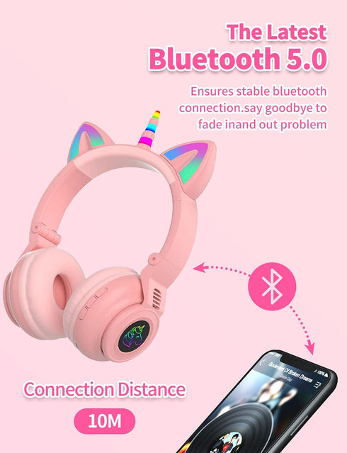 Unicorn Kids Headphones for girls,Unicorn Bluetooth headphones Foldable for Girls Toddlers Tablet/phones/amazon fire,Light Up kids wireless headph...