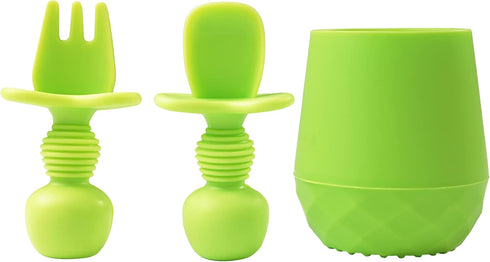 3 Pcs Baby Utensils, Baby Spoons Self Feeding 6 Months with Silicone Baby Cup, Baby Utensils 6-12 Months, Toddler Utensils for Baby Led Weaning (G...