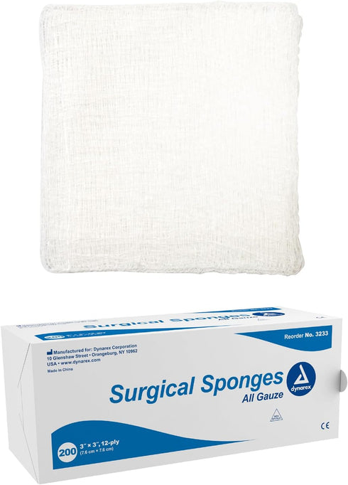 Dynarex Surgical Gauze Sponges- Absorbent Cotton Fabric with Folded Edges - Soft, Durable, Non-Sterile Dressing - 3x3, 12-Ply - Sleeve of 200 Spon...