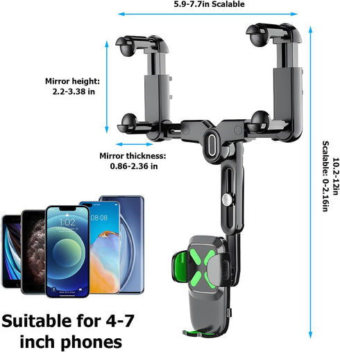 Car Rear View Mirror Phone Holder, 360° Rotatable&Retractable Auto Rearview Clip Mobile Mount Holder, Multifuctional GPS Holder with Anti-Shake De...