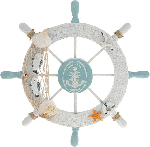 Nautical Beach Wooden Boat Ship Steering Wheel Fishing Net Shell Fish Home Wall Décor(11" Diameter)...