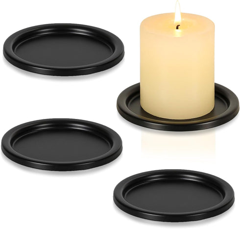 Black Iron Plate Candle Holder- Set of 4 |3.8" D x 0.2" H| Decorative Iron Pillar Candle Plate, Elegant Candle Stand for LED & Wax Candles, Incens...