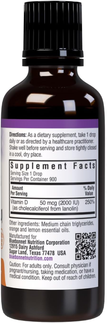Bluebonnet Vitamin D3 2000IU 50mcg Strong Bones & Immune Support Supplement - Liquid Vitamins for Women & Men - Lanolin Vit D Drops with MCT Oil -...