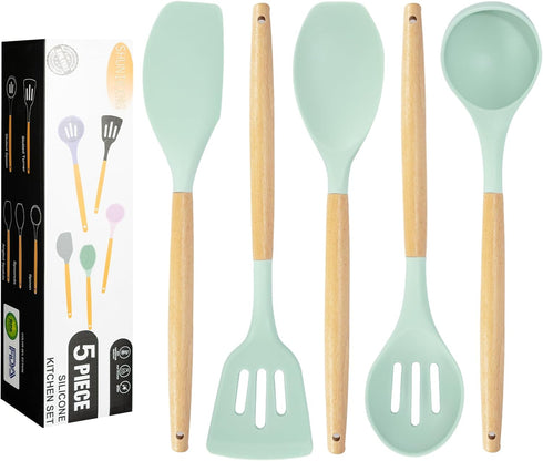 Kitchen Utensils Set, 5 Pcs Non-Stick Silicone Kitchen Cooking Utensils with Wooden Handle, Kitchen Spatula Cookware Utensils Set, Heat Resistant ...