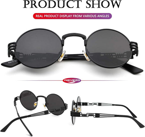 AIEYEZO Round Steampunk Sunglasses Circle Lennon Hippie Glasses Metal Frame 100% UV Blocking Lens...