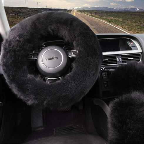Fashion Fluffy Steering Wheel Covers for Women/Girls/Ladies Australia Pure Wool 15 Inch 1 Set 3 Pcs (Black)...