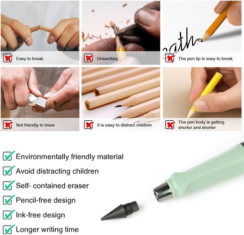 Forever Pencil,6PCS Everlasting Pencil with Extra 6 Removable Cartoon Decorations 6 Replaceable Nibs Reusable Inkless Pencils Magic Pencil Set for...
