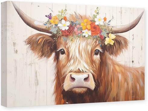 CXHOSTENT Highland Cow Canvas Wall Art Animal Painting Wall Decor Rustic Cattle and Flower Picture Print Farmhouse Kitchen Decor Frame (Highland C...