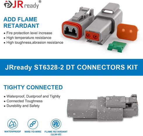 JRready Deutsch Connector 2 Pin Connector Kits with 16 Solid Contacts(14-20AWG),ST6328-2 DT Series Waterproof Connector 2 Pin 5 Set and Deutsch Pi...