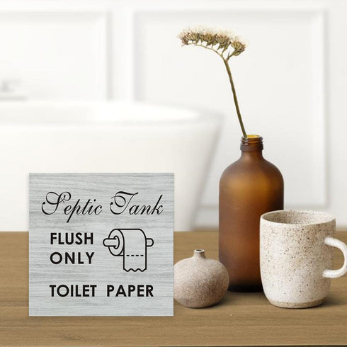 Bathroom Notice Wooden Box Sign with Saying Desk Decor 5 x 5 Inch Septic Tank Flush Only Toilet Paper Box Sign Wood Plaque Block Sign Rustic Home ...
